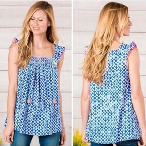 Matilda Jane Women Blue White Diamond Pattern 100% Cotton Flutter Sleeve Blouse